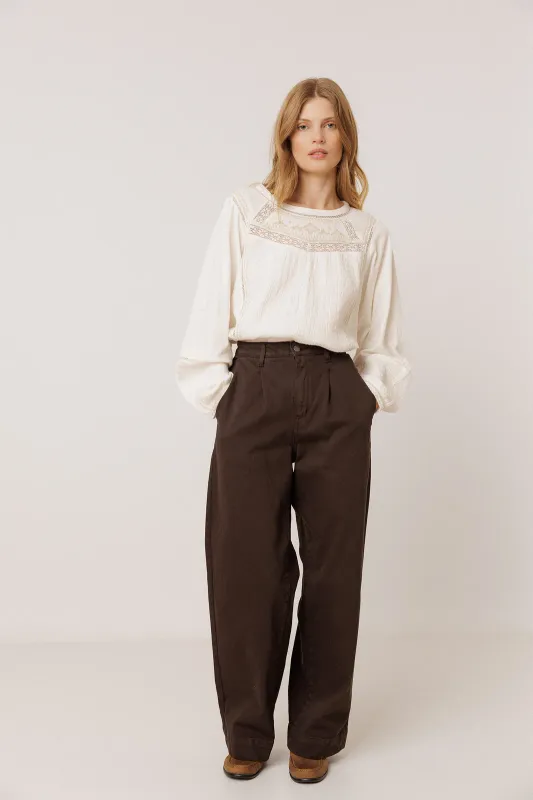 Indi &amp; Cold | Wide-leg cotton twill pants brown - made in Spain