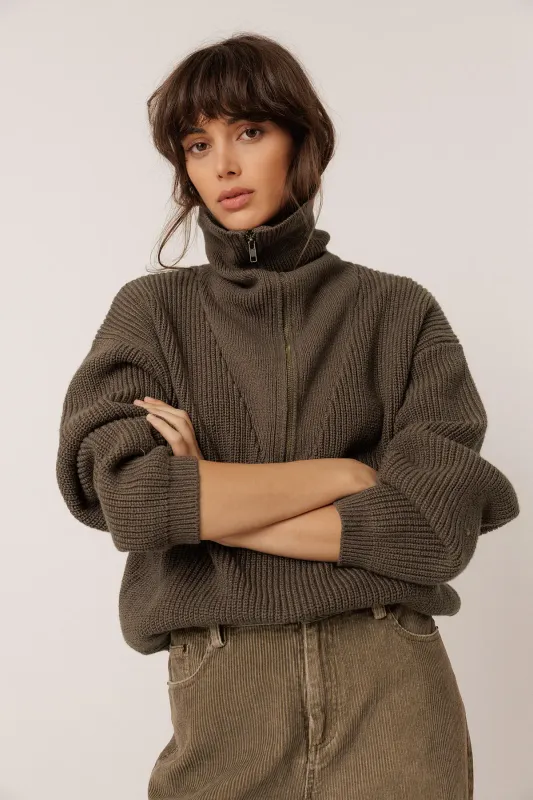 Indi &amp; Cold | Zip heavy knit sweater khaki - cotton &amp; merino wool