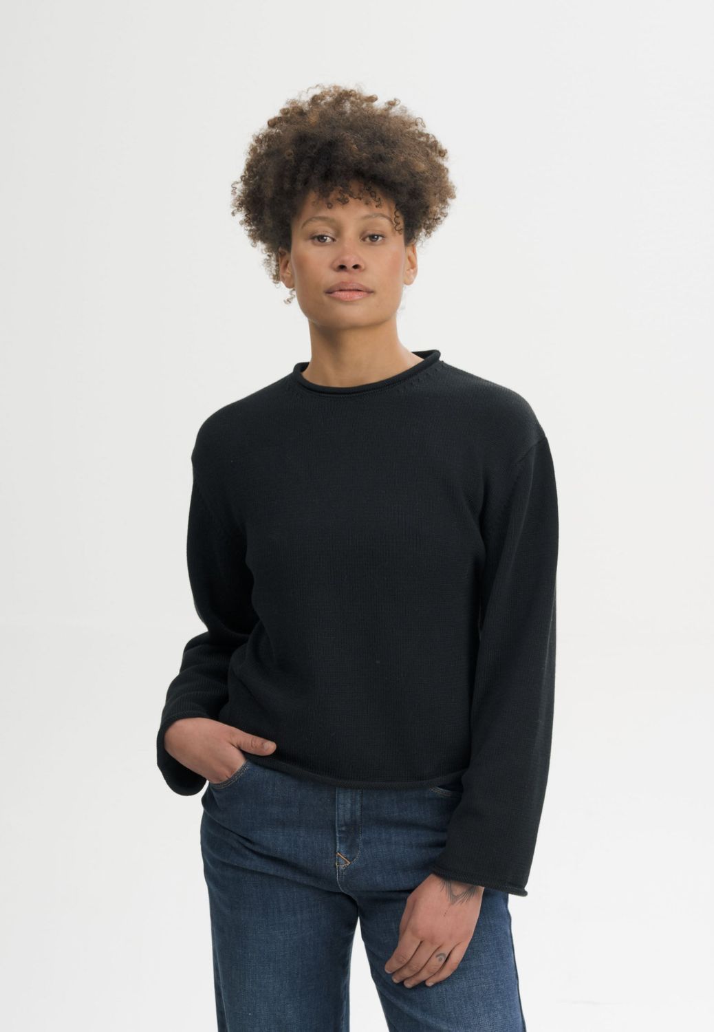 MELA | Rolled hem knitted sweater black - 100% organic cotton