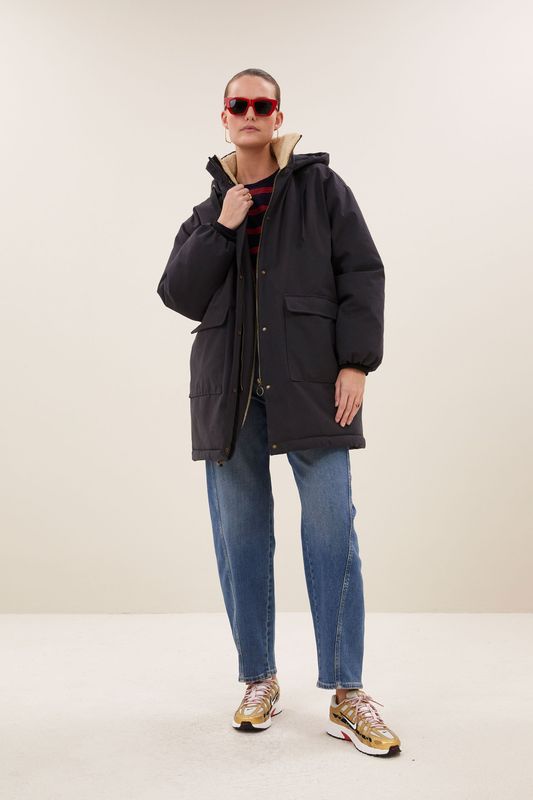 By-Bar | Dean long parka coat with teddy lining - jet black - water repellent