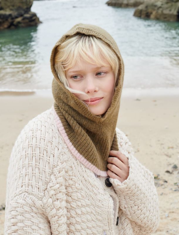 Maradji | Alpaca hood balaclava olive &amp; pink - knitted in Italy