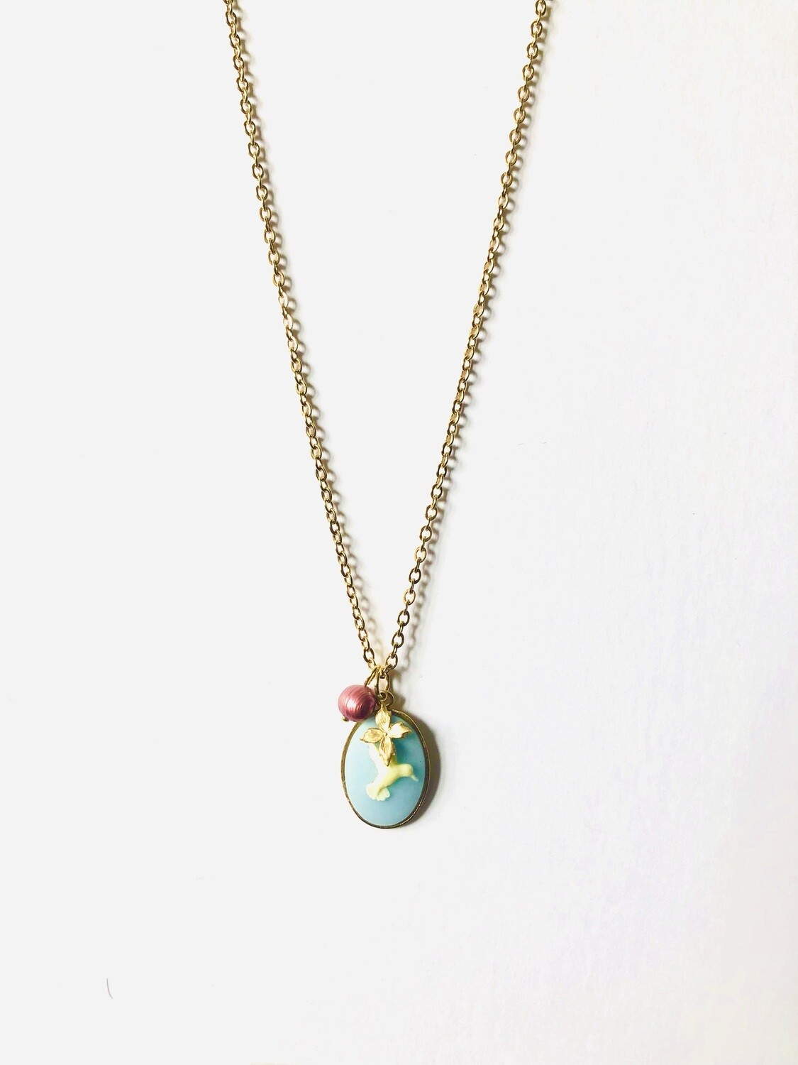 Cameo hummingbird baby blue necklace