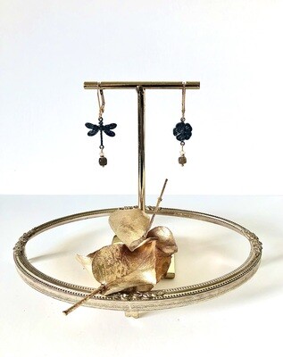 Black lucky flower & dragonfly earrings