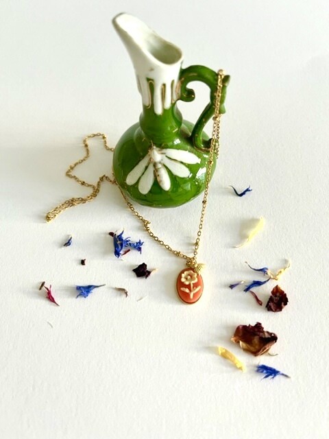 Coral daisy cameo necklace