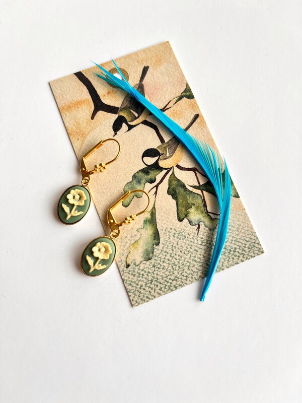 Teal green daisy cameo earrings