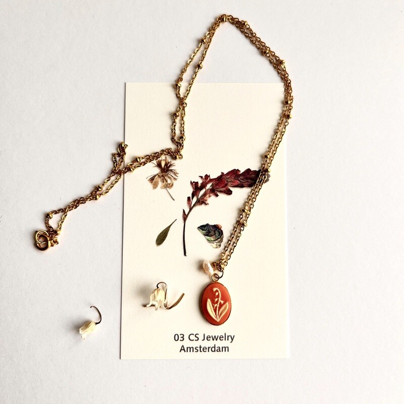 Lily of the valley cameo coral red necklace