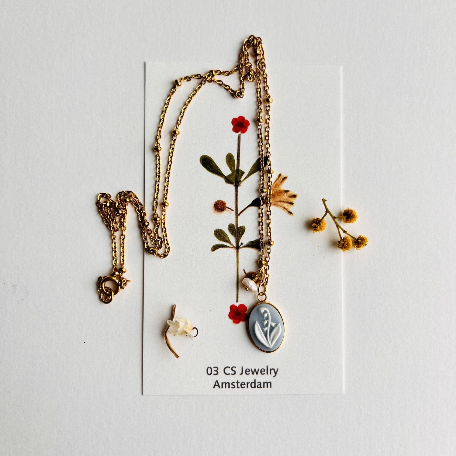 Lily of the valley cameo coral red necklace