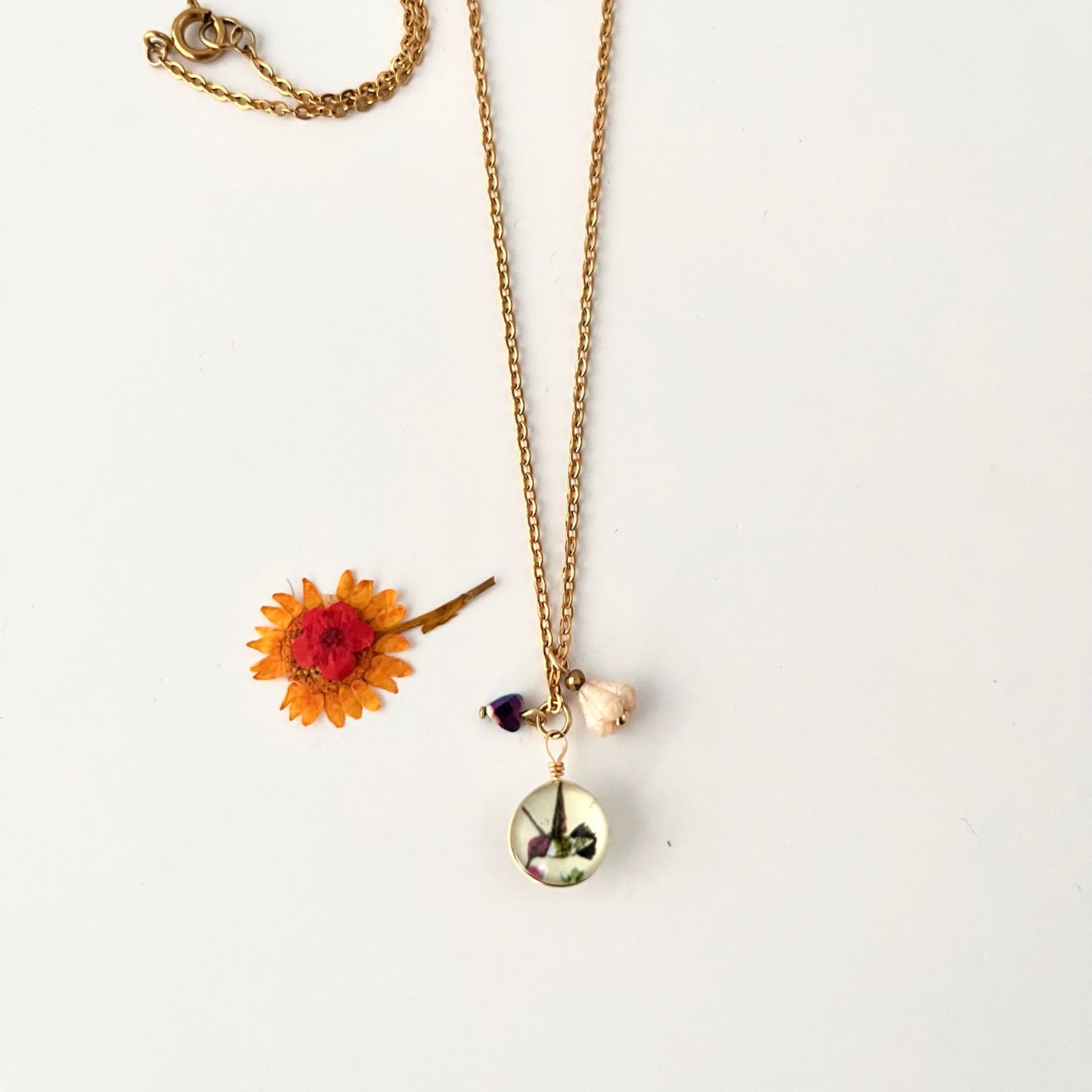 Hummingbird, flower &amp; heart necklace