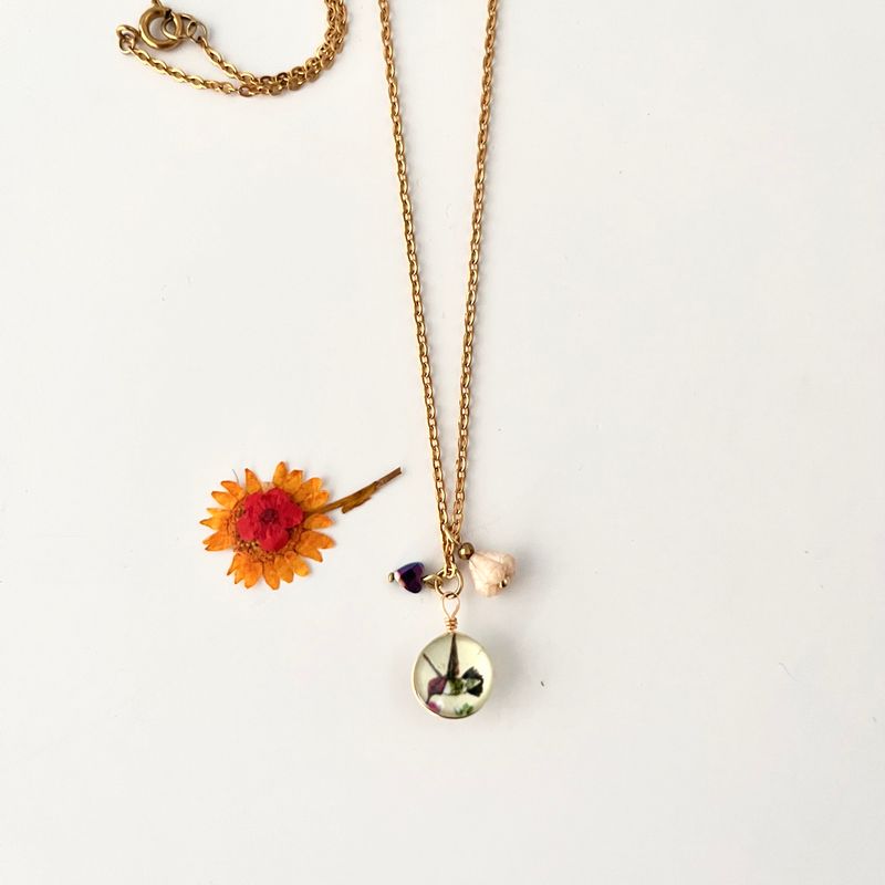 Hummingbird, flower &amp; heart necklace