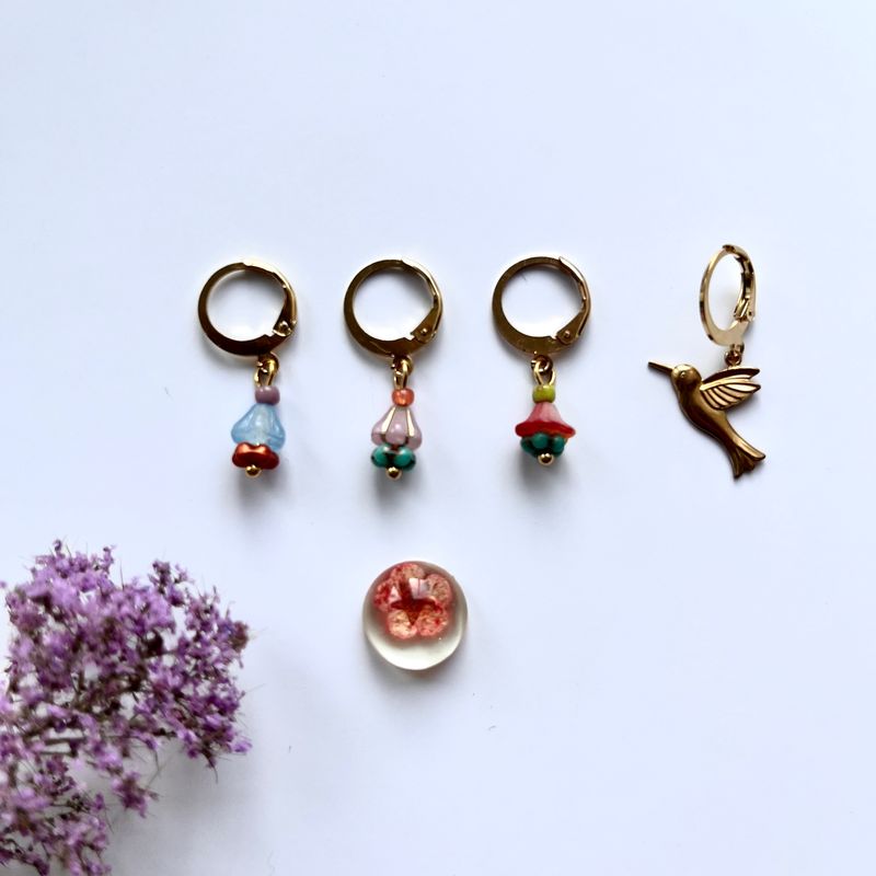 Hummingbird flower cup earrings