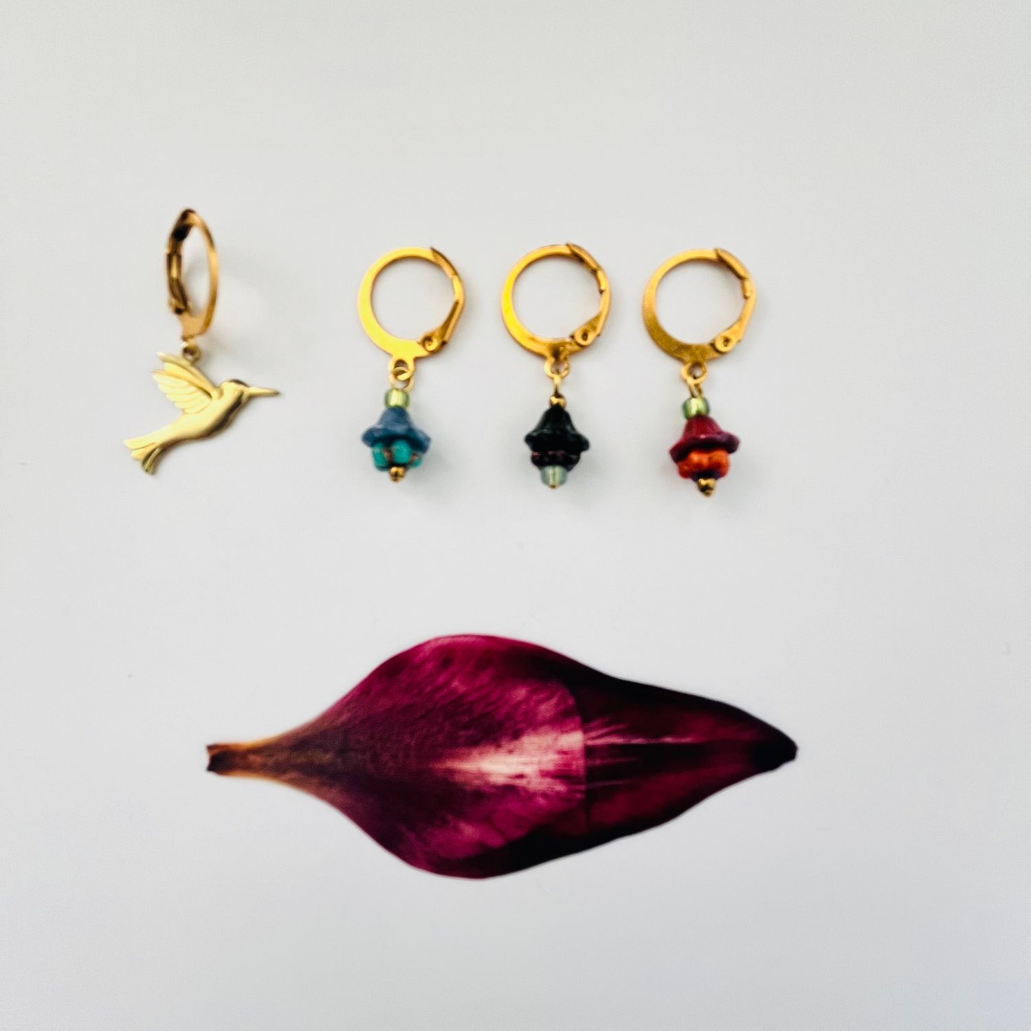 Hummingbird flower cup earrings