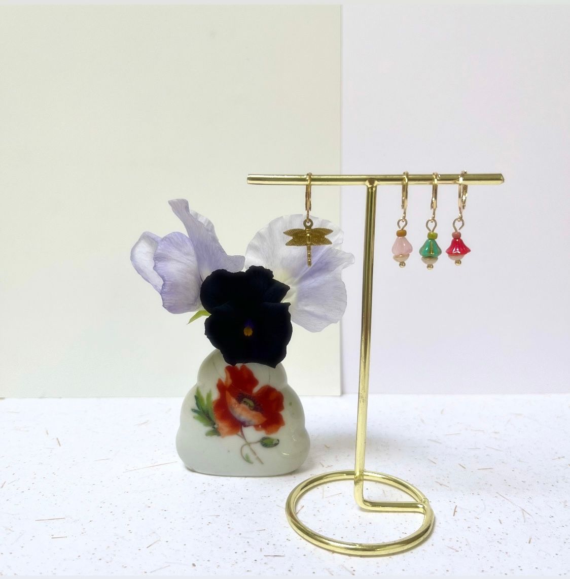 Flying swallow &amp; flower cup earrings