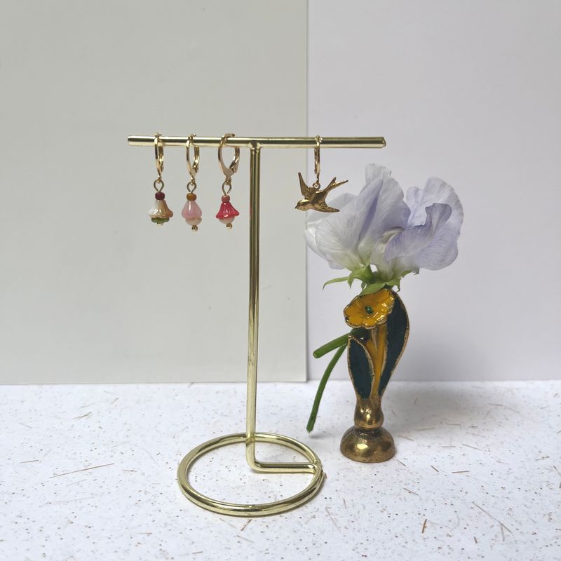 Flying swallow &amp; flower cup earrings