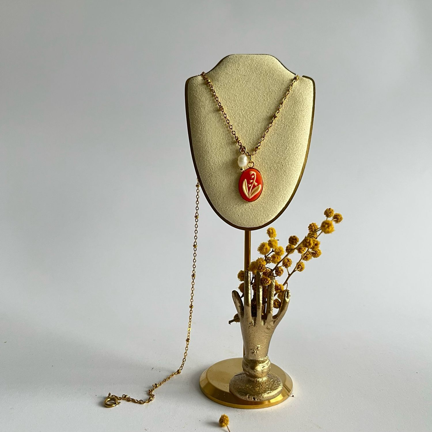 Cameo Lily of the valley  coral red earrings.