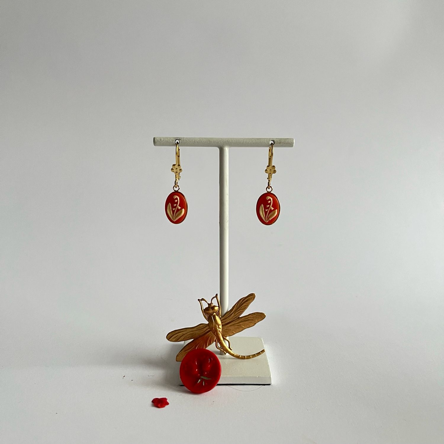 Cameo Lily of the valley  coral red earrings.