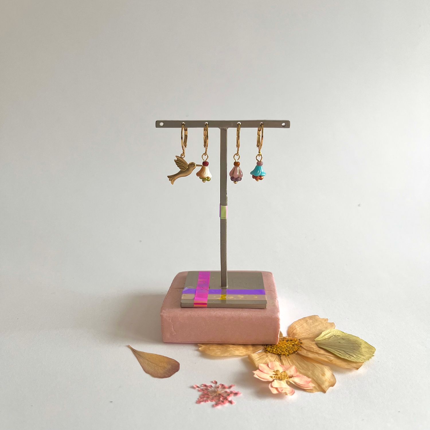 Hummingbird &amp; flower cup earrings