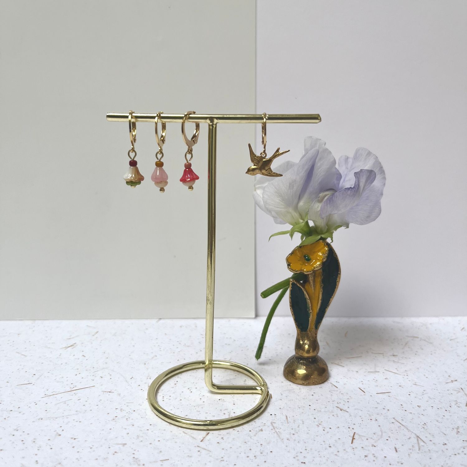 Hummingbird &amp; flower cup earrings