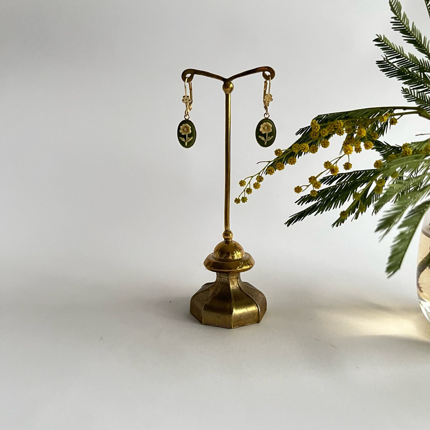 Meadow green daisy cameo earrings