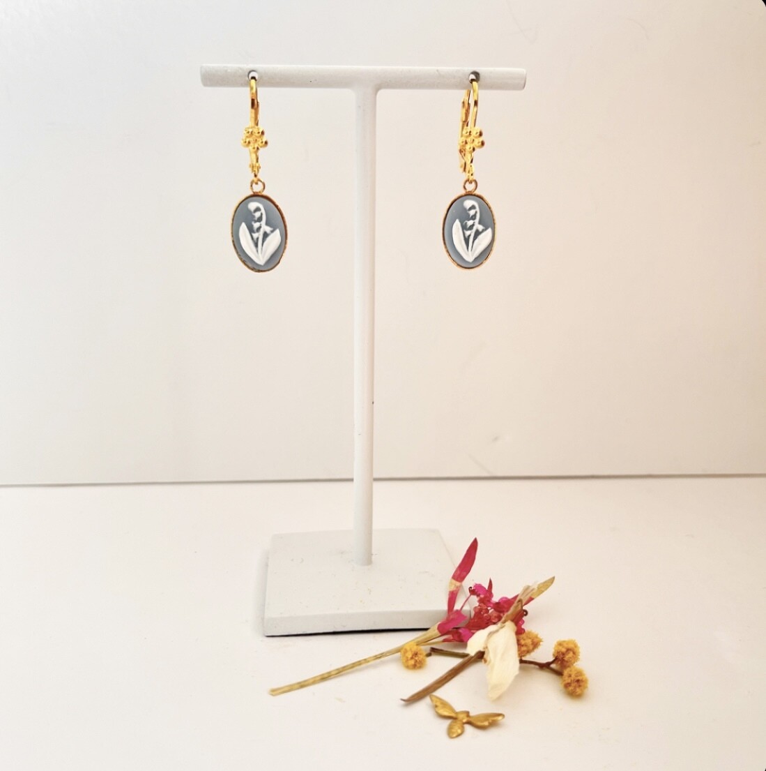 Cameo lily of the valley baby blue earrings