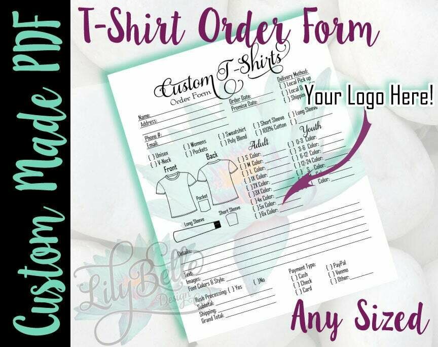Custom Designed, T-Shirt Order Form in PDF & JPG created for you with your Logo and Prcing!