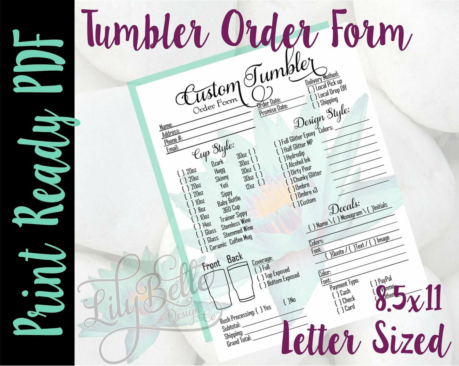 Tumbler Order Form Letter Size Teal Flower in PDF