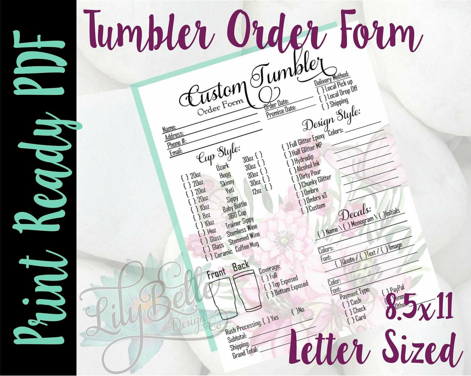 Tumbler Order Form Letter Size Pink Bouquet background in PDF