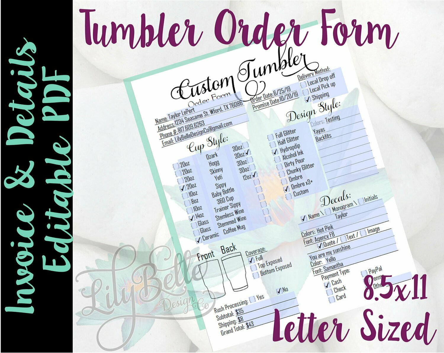 DIY Editable Custom Tumbler Order Form PDF