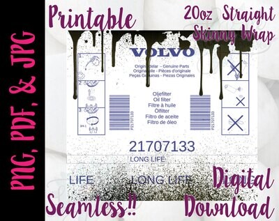 Dirty Volvo Oil Filter 20oz Tumbler Sublimation Wrap with a Seamless Digital Design