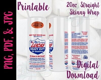 Lucas Oil Stabilizer Bottle 20oz Tumbler Sublimation Wrap with a Seamless Digital Design