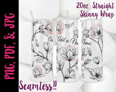Magnolia Floral Line Art 20oz Tumbler Sublimation Wrap with a Seamless Digital Design
