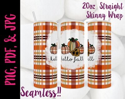 Hello Fall Plaid 20oz Tumbler Sublimation Wrap with a Seamless Digital Design