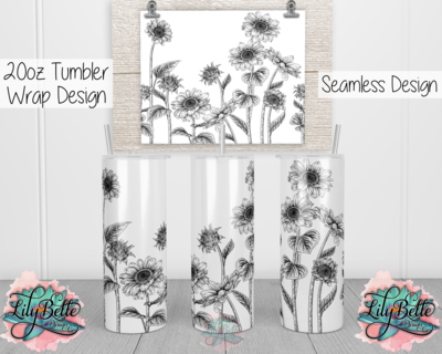 Sunflower Floral Line Art 20oz Tumbler Sublimation Wrap with a Seamless Digital Design