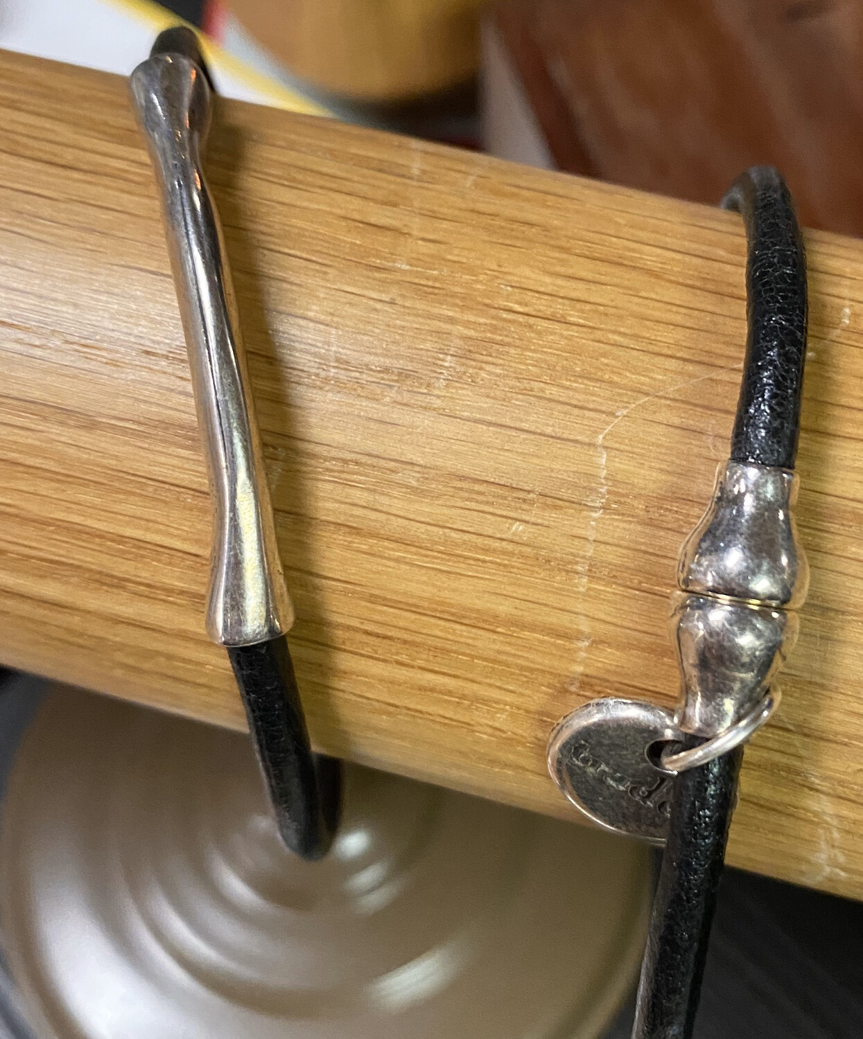 Men’s Leather Black Bracelet Thin Bar Magnet & Charm