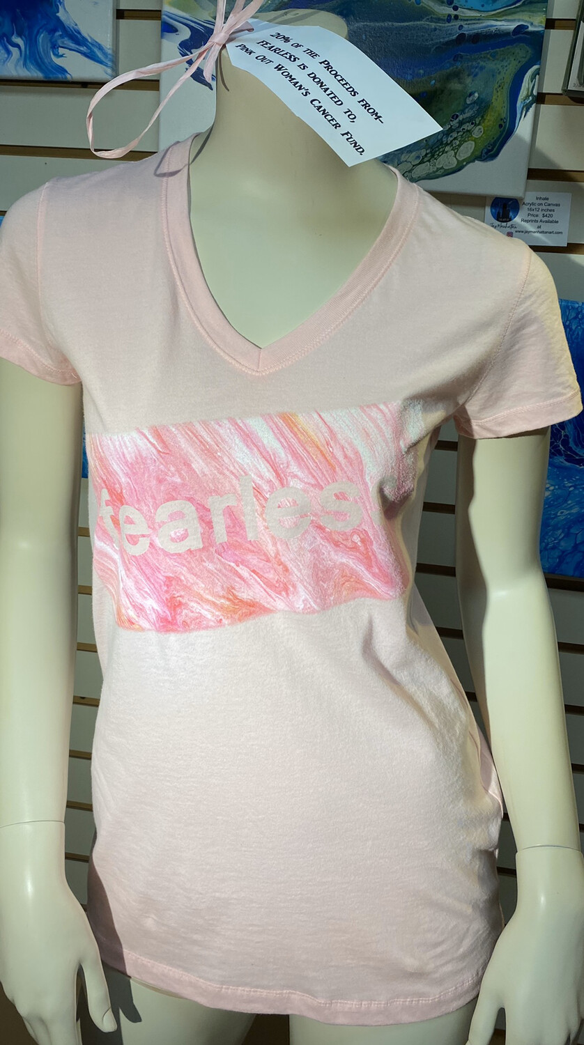 Fearless Pink Woman’s V Neck T Small Pictured. 20% Donated To Pink Out. Tap For Size.
