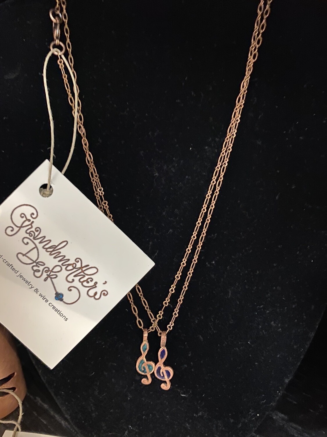 Grandmothers Desk Copper Treble Clef Musical Note Necklace Navy 