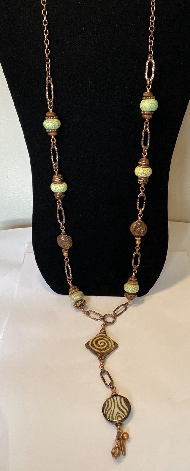 DK Elements. Bone Green Stone Wood Swirl, Zebra Copper Long Necklace