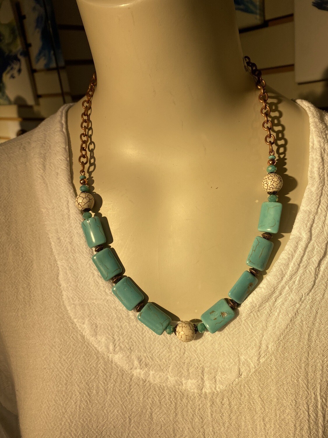 DK Elements. White Howlite Blue  Howlite Glass And Copper Turquoise Necklace. One Of A Kind. 