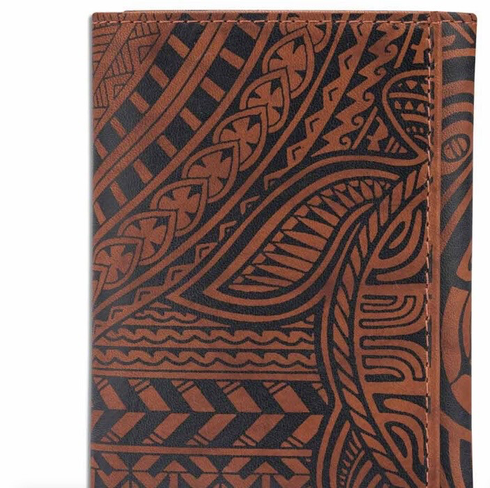 Polynesian Tattoo Leather Trifold Wallet Blk On Bourbon