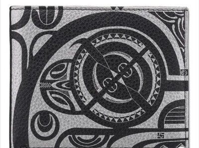 Polynesian Tattoo Leather Bifold Wallet Silver On Blk