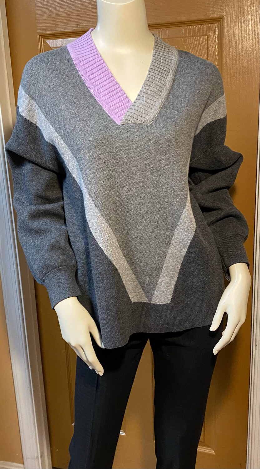 OST Deep Lilac V Neck Color Block Sweater Charcoal S