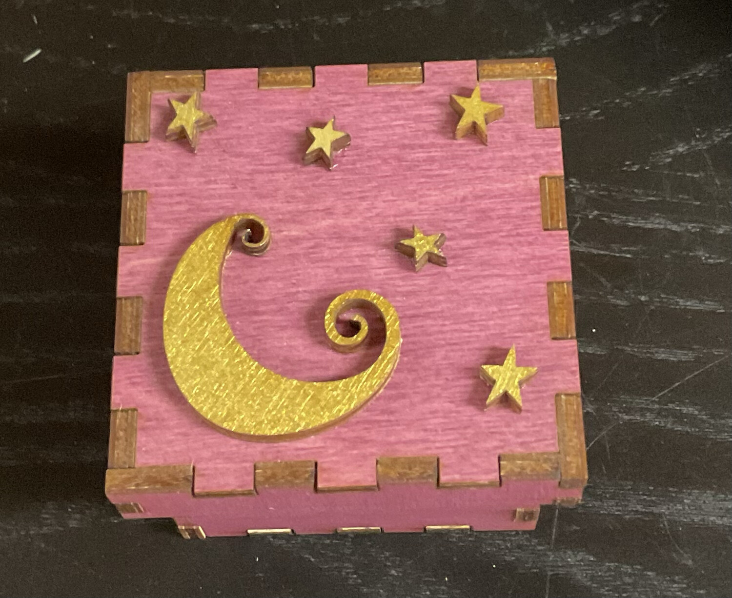 Tiny Treasure Box Made In US Small Gold Moon Stars. Height 2” By 2”1/2
