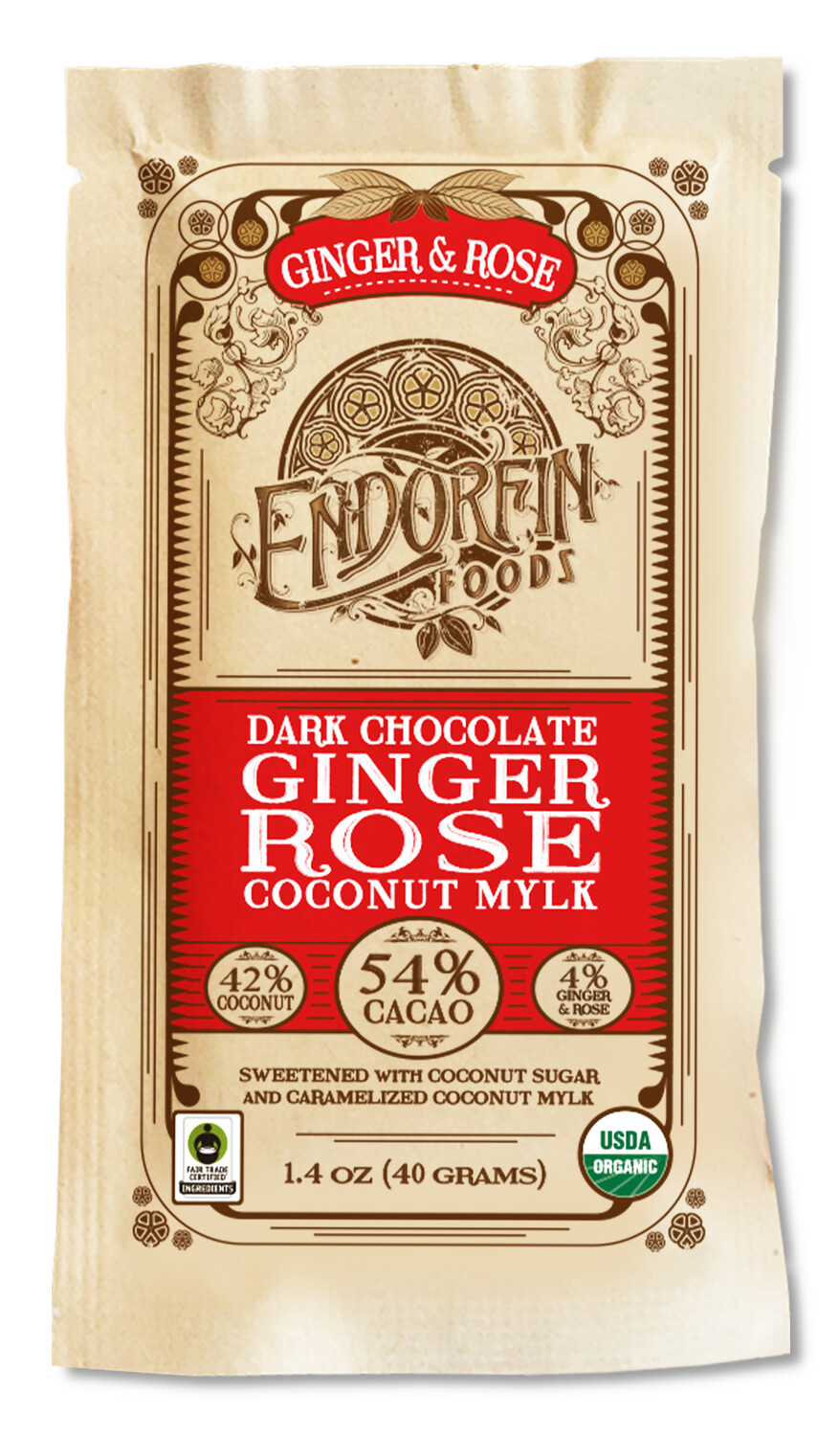 Candy / Chocolate / Endorfin Ginger Rose Dark Chocolate Bar, 1.4 oz