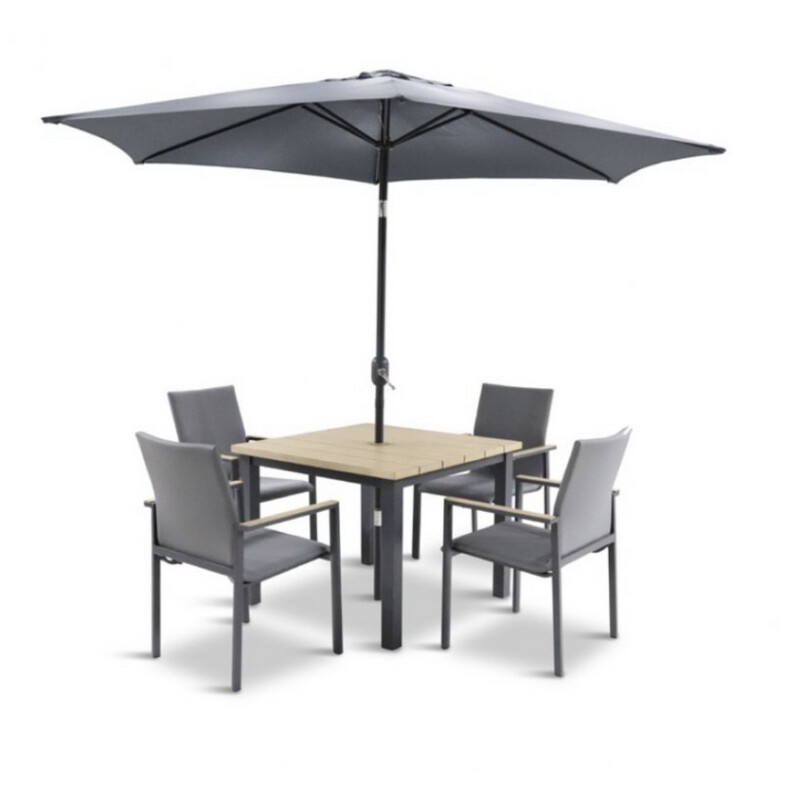 Stockholm Four Seat Dining Set With Stacking Chairs And Deluxe 2.5m Parasol WAS £925 NOW £849 RRP £1.269