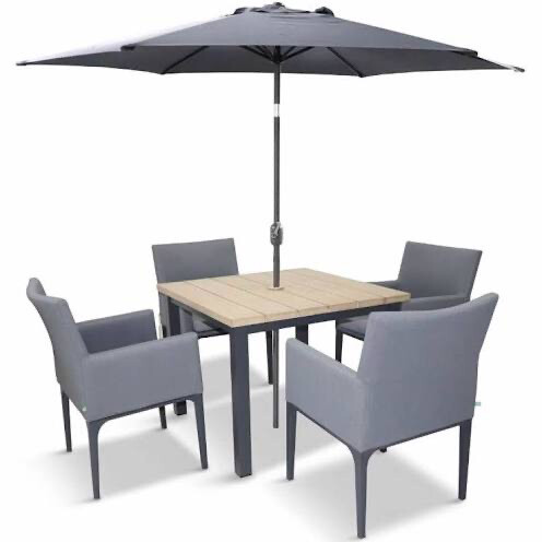 Stockholm Four Seat Dining Set With Armchairs And Deluxe 2.5m Parasol WAS £1395 NOW £1249 RRP £1.934