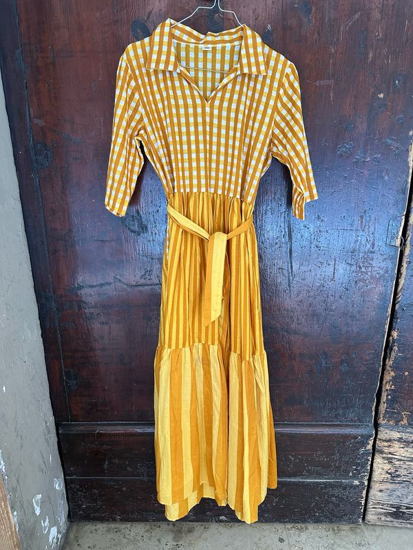 Vestitone Cotone Indiano Quadretto e Rigone Giallo