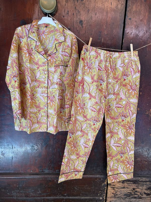 Pigiamino Indiano Lungo Fiori Liberty Lime