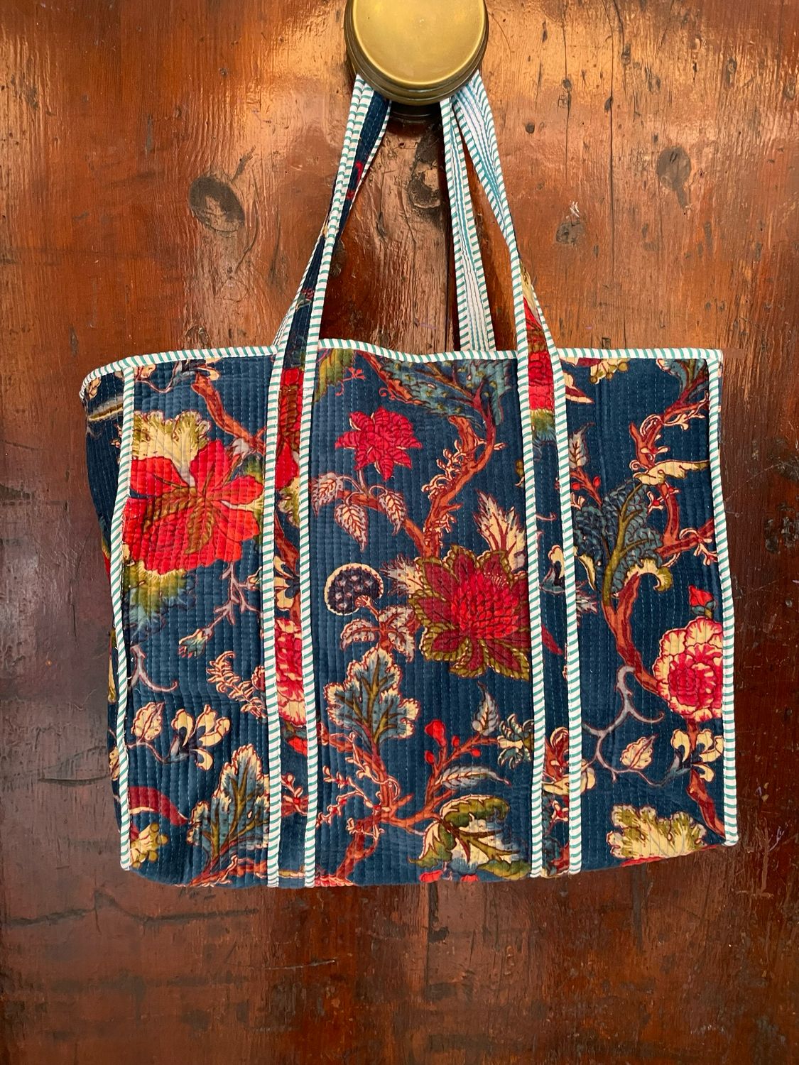 Tote Bag Indiane Velluto Base Ottanio e Fiori