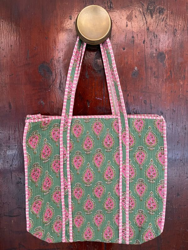 Tote Bag Indiane Cotone CON CERNIERA Gocce Rosa fondo Salvia