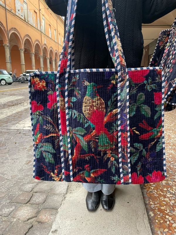 Tote Bag Indiane Velluto Pappagalli Base Blu
