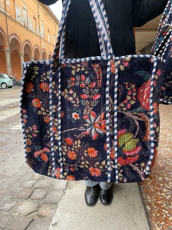 Tote Bag Indiane Velluto Fiore Verde Base Blu